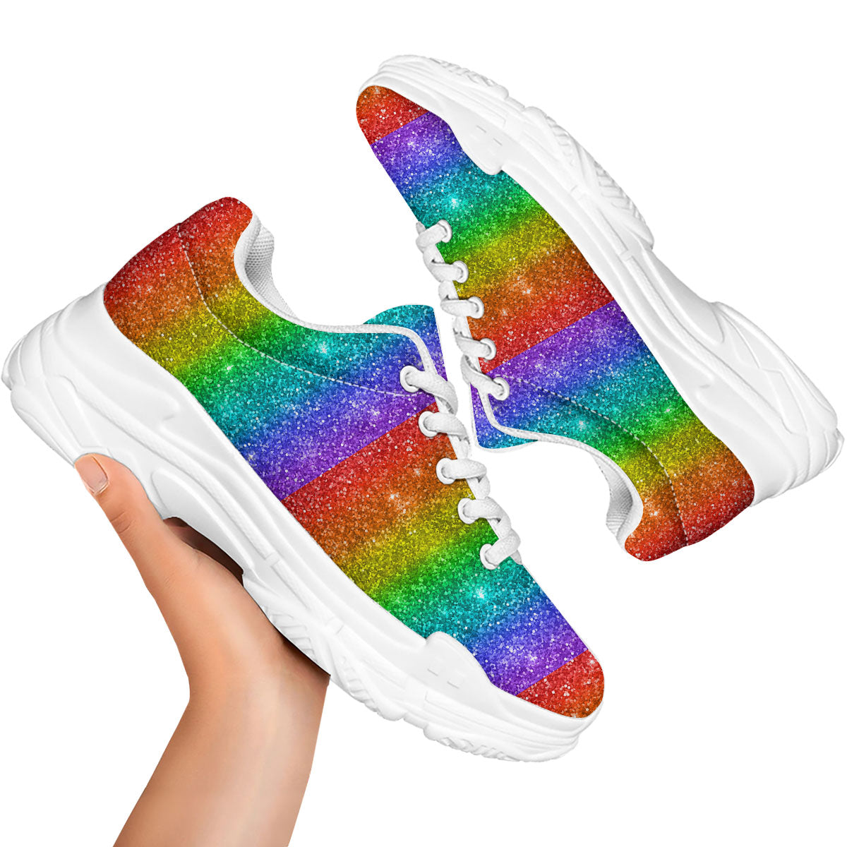 Glitter Rainbow Print Pattern White Chunky Shoes-grizzshop
