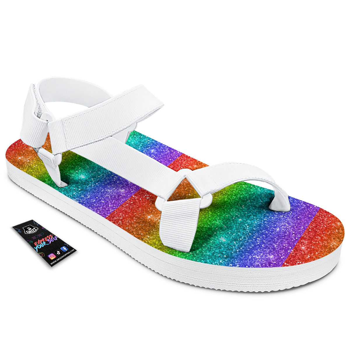 Glitter Rainbow Print Pattern White Open Toe Sandals-grizzshop