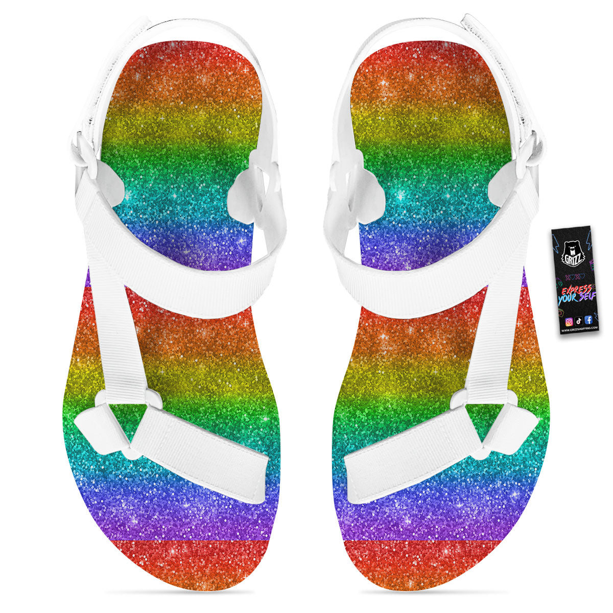 Glitter Rainbow Print Pattern White Open Toe Sandals-grizzshop