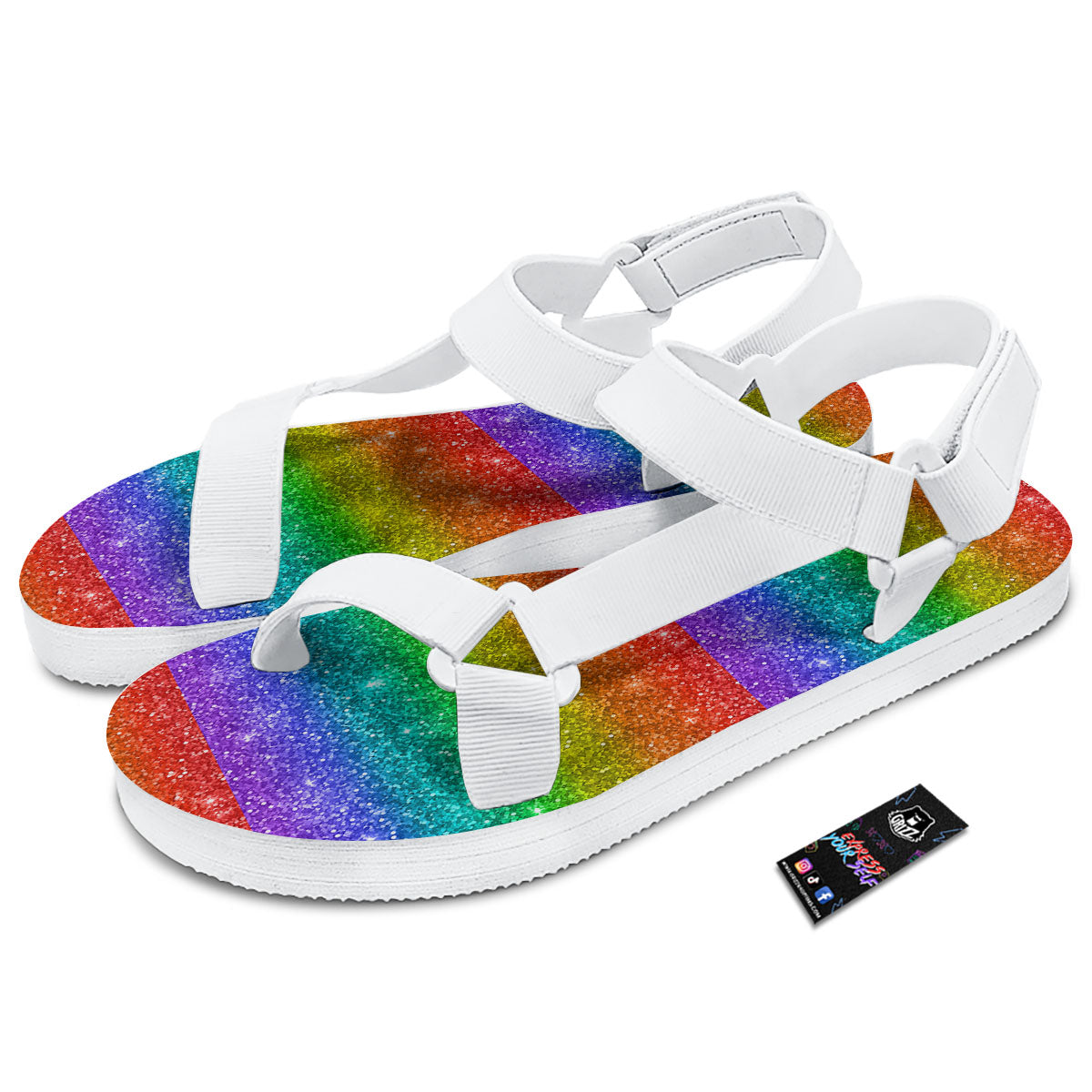 Glitter Rainbow Print Pattern White Open Toe Sandals-grizzshop
