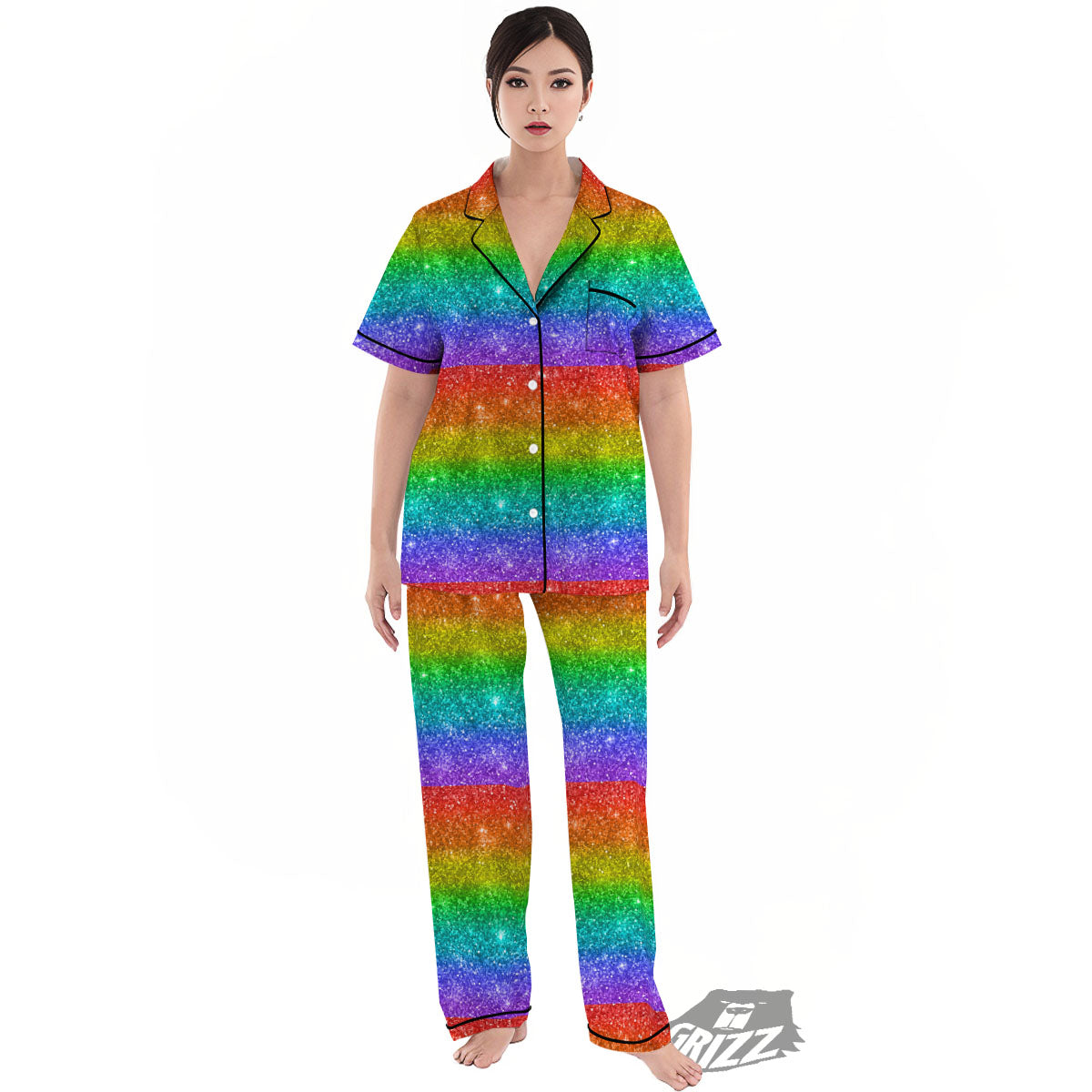 Glitter Rainbow Print Pattern Women's Pajamas Set-grizzshop