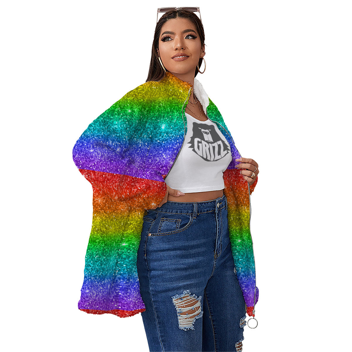 Glitter Rainbow Print Pattern Women's Sherpa Jacket-grizzshop