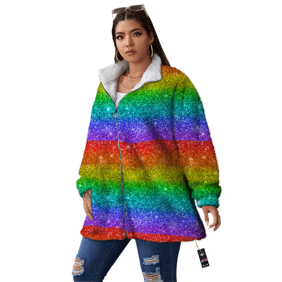 Glitter Rainbow Print Pattern Women's Sherpa Jacket-grizzshop
