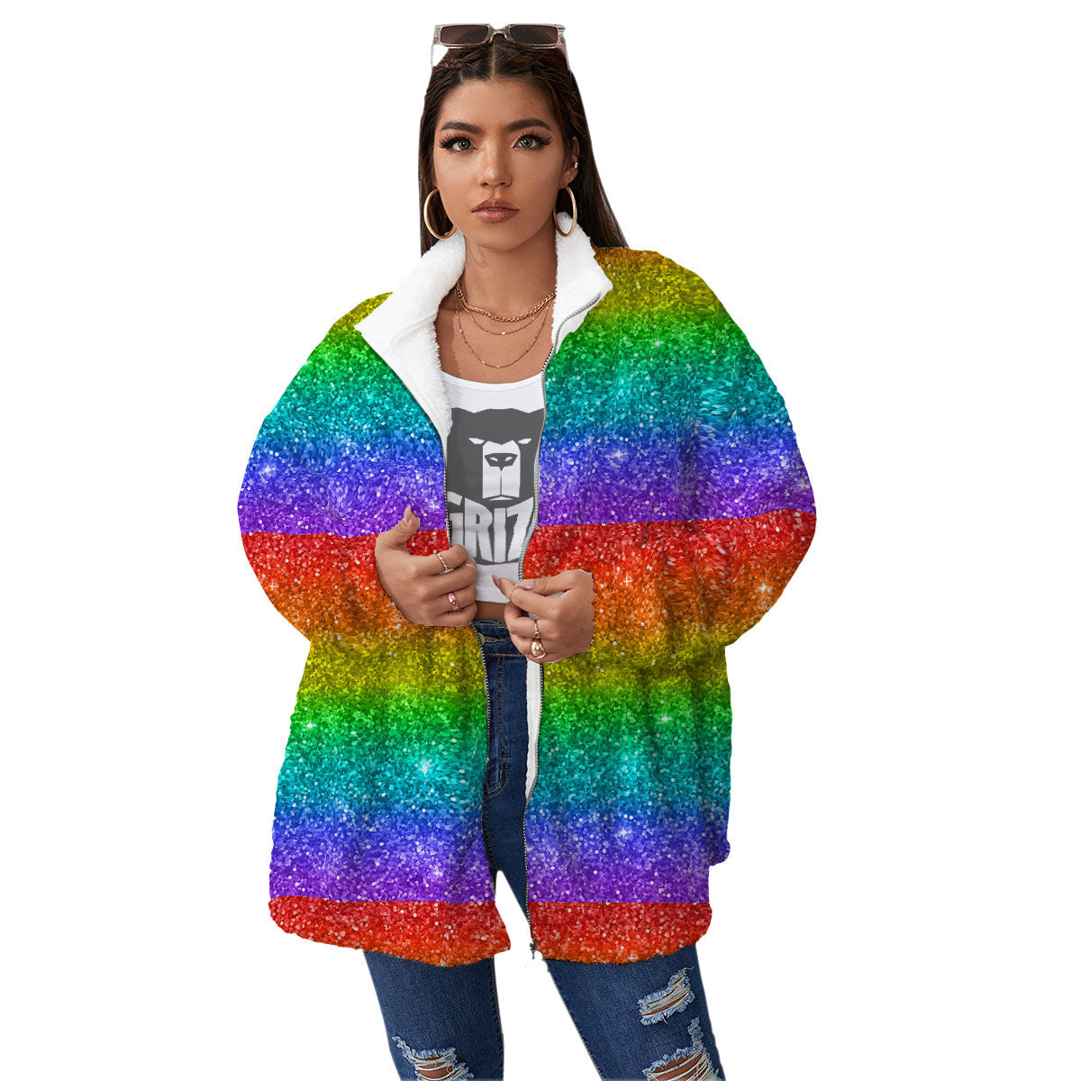 Glitter Rainbow Print Pattern Women's Sherpa Jacket-grizzshop