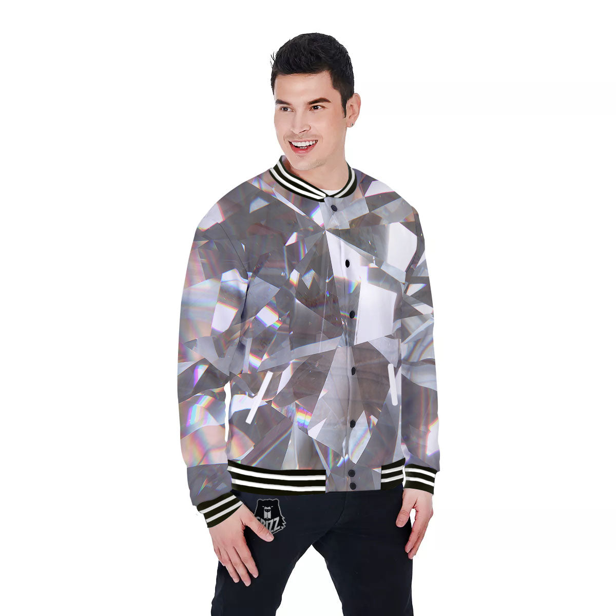Glitter Texture Diamond Print Baseball Jacket-grizzshop
