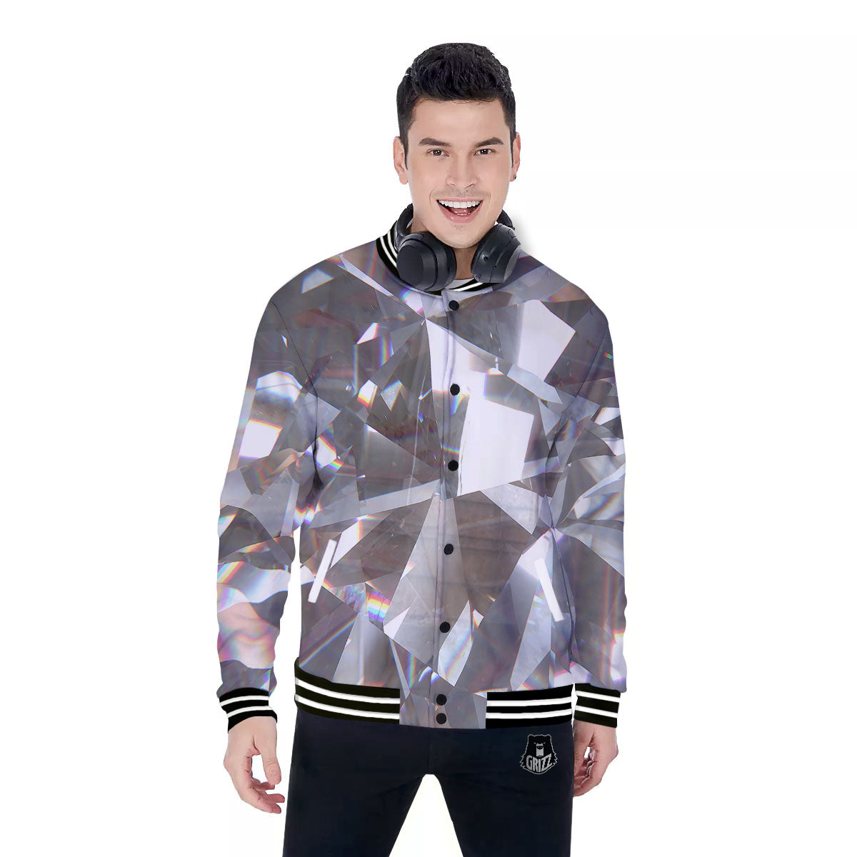 Glitter Texture Diamond Print Baseball Jacket-grizzshop