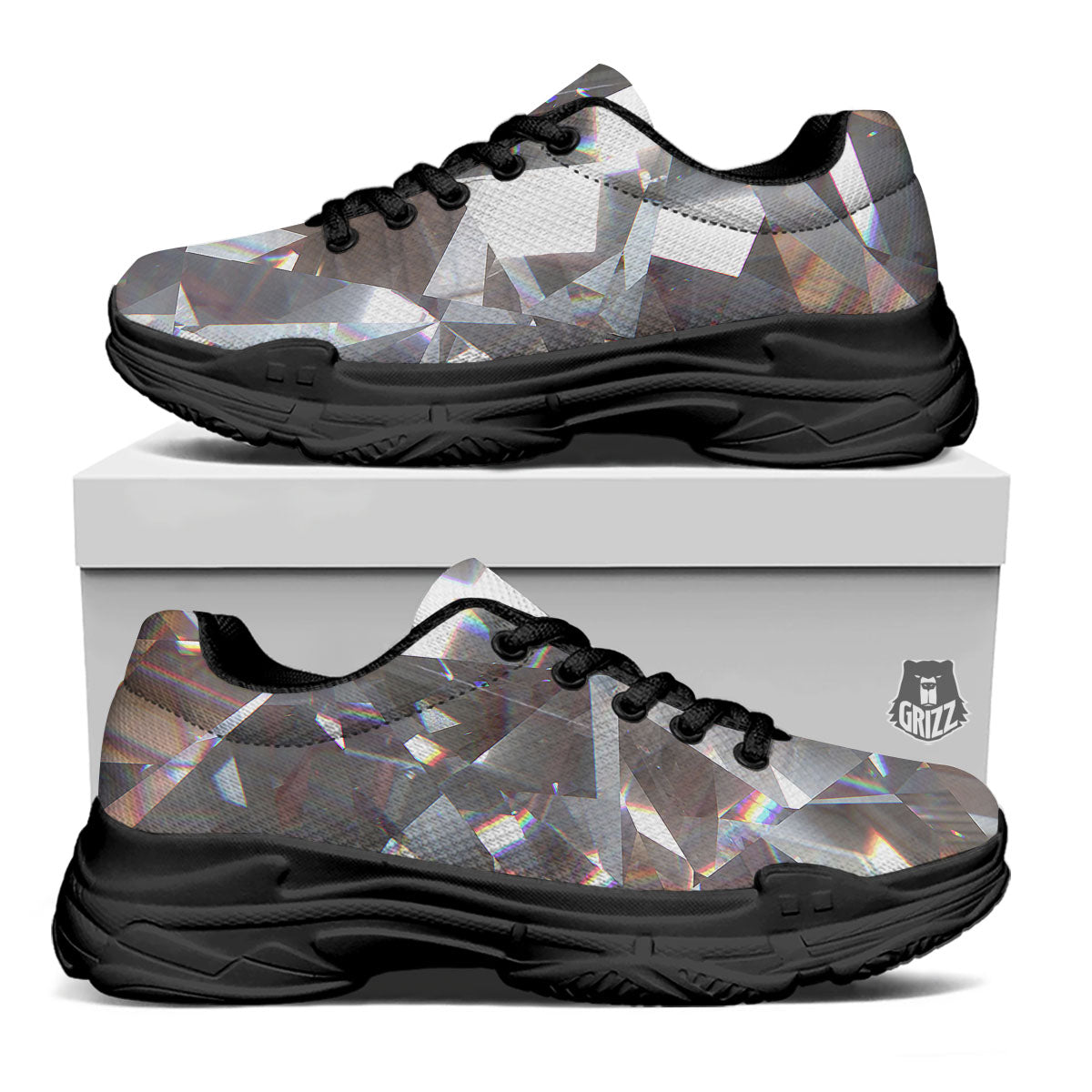 Glitter Texture Diamond Print Black Chunky Shoes-grizzshop