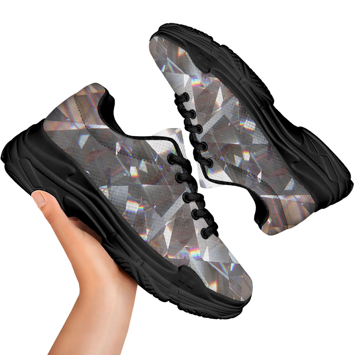 Glitter Texture Diamond Print Black Chunky Shoes-grizzshop