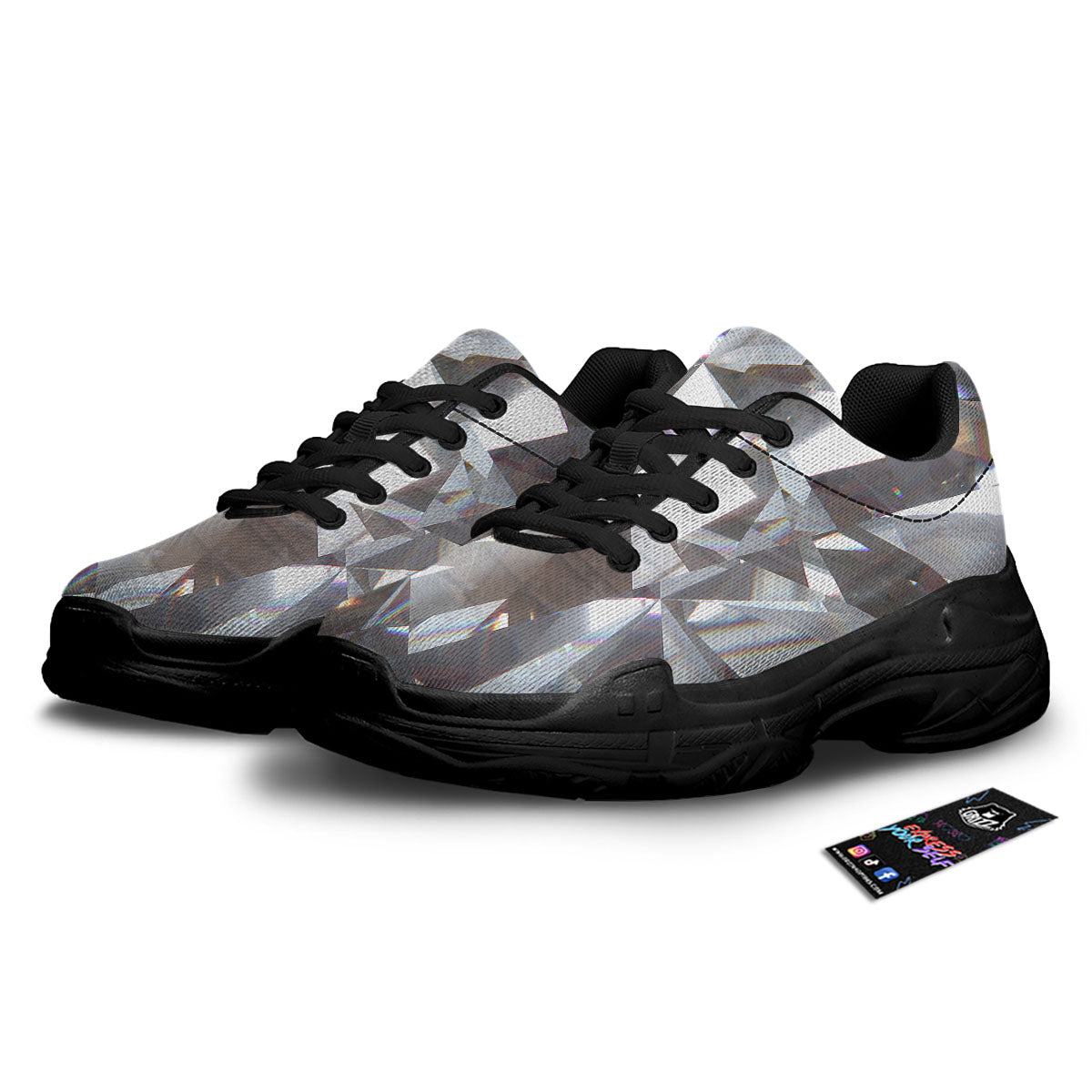 Glitter Texture Diamond Print Black Chunky Shoes-grizzshop