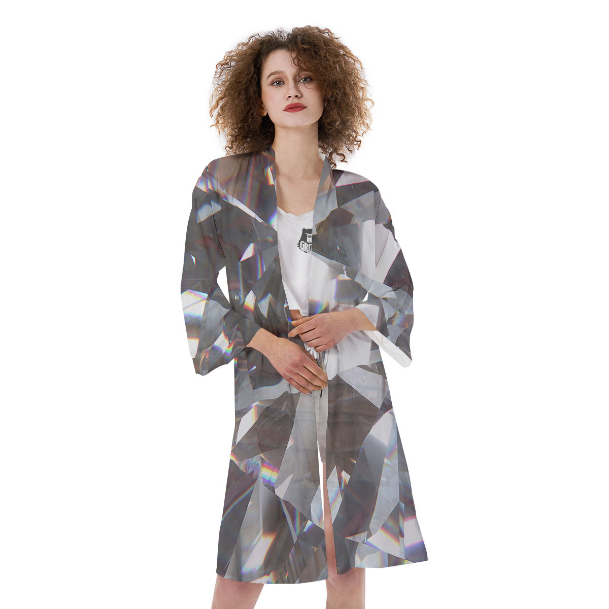 Glitter Texture Diamond Print Kimono-grizzshop