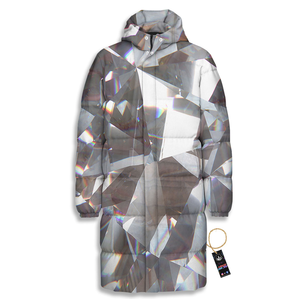 Glitter Texture Diamond Print Long Down Jacket-grizzshop