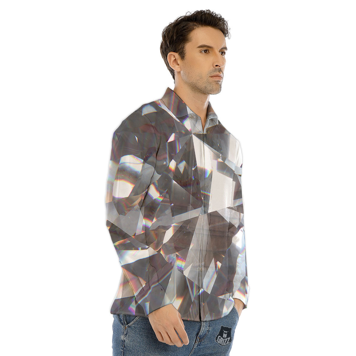 Glitter Texture Diamond Print Men's Dress Shirts-grizzshop
