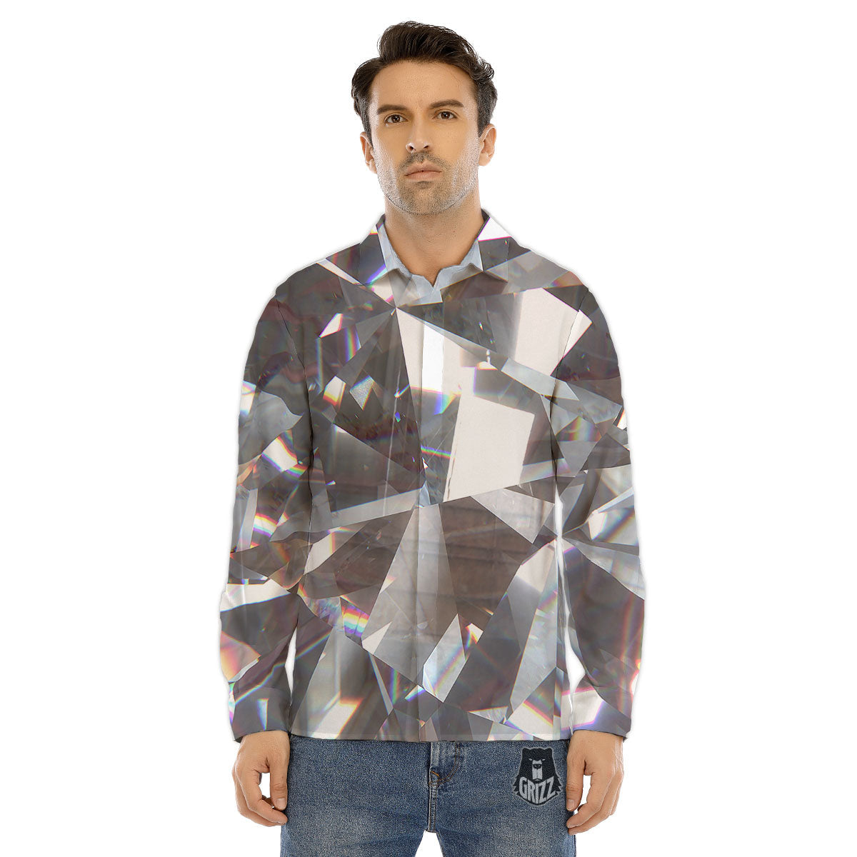 Glitter Texture Diamond Print Men's Dress Shirts-grizzshop