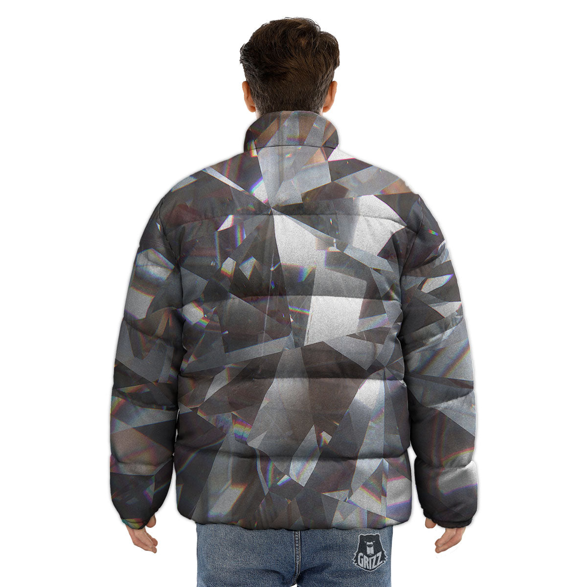 Glitter Texture Diamond Print Puffer Jacket-grizzshop