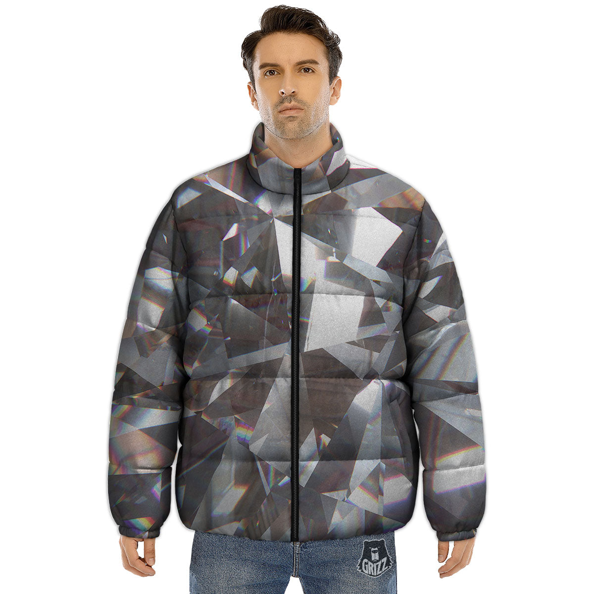 Glitter Texture Diamond Print Puffer Jacket-grizzshop