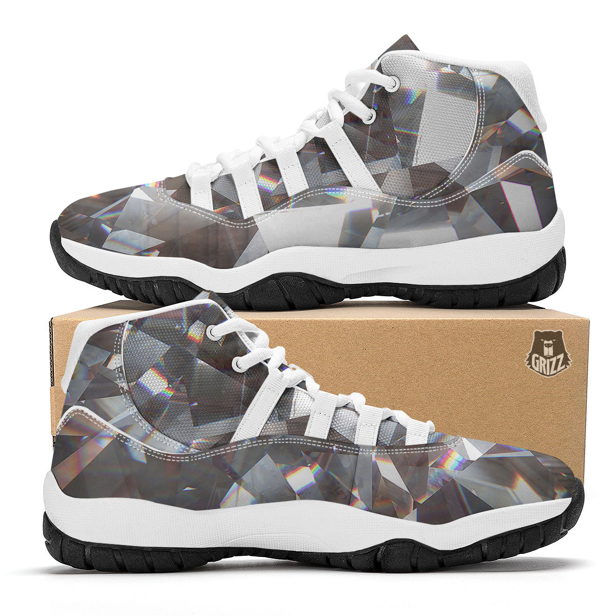 Glitter Texture Diamond Print White Bball Shoes-grizzshop
