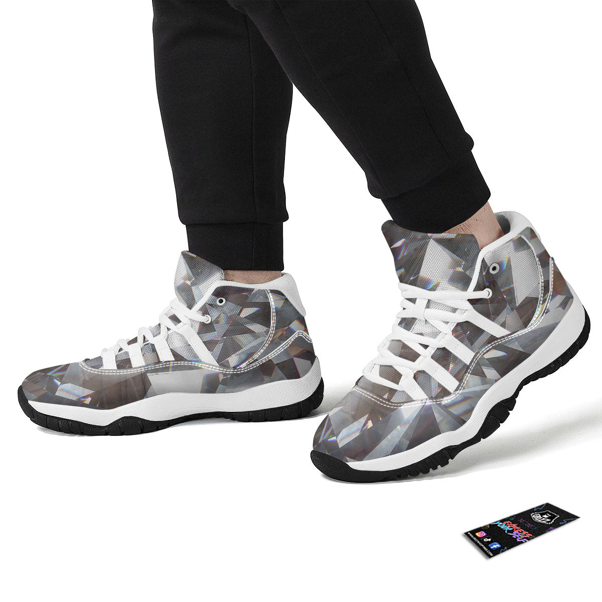 Glitter Texture Diamond Print White Bball Shoes-grizzshop