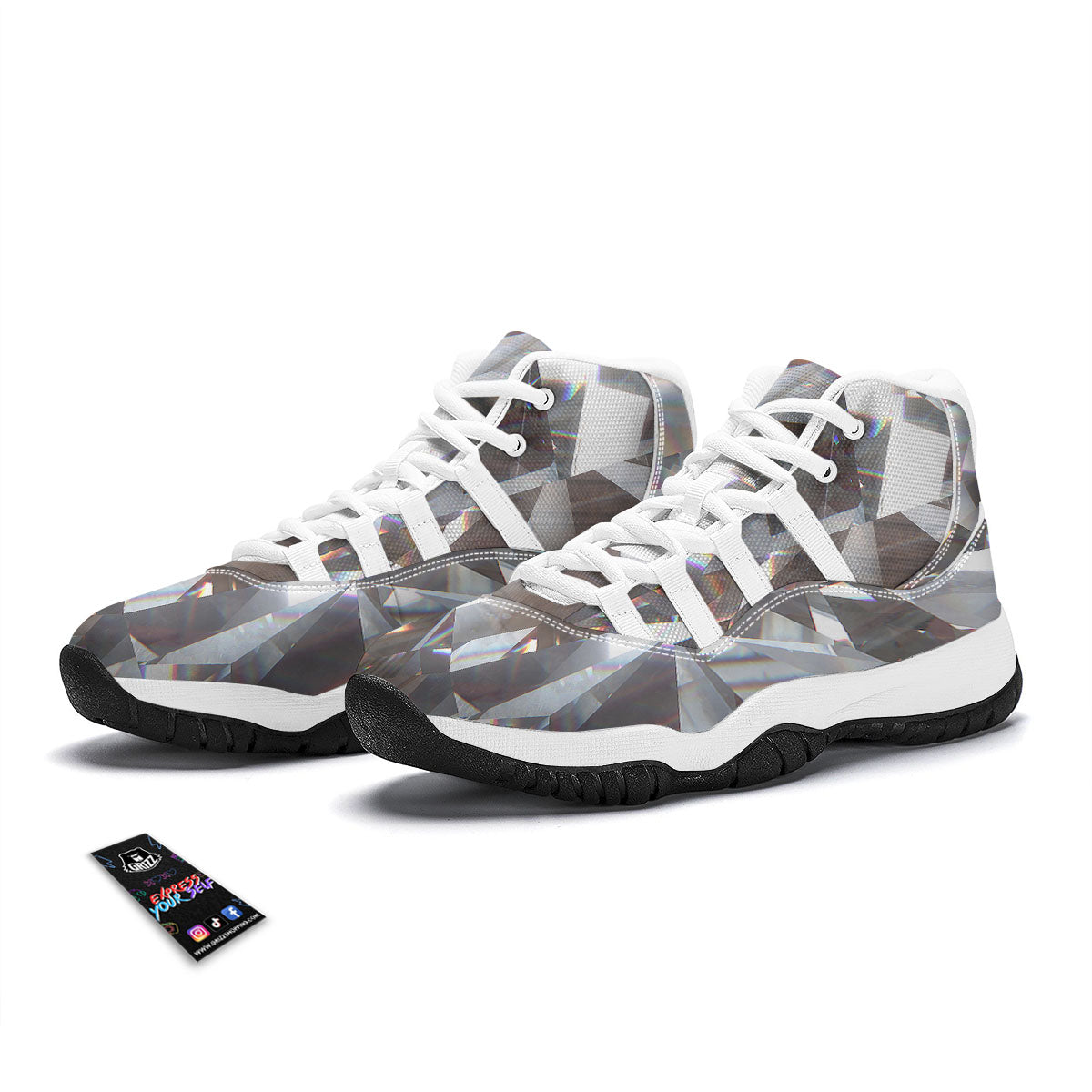 Glitter Texture Diamond Print White Bball Shoes-grizzshop