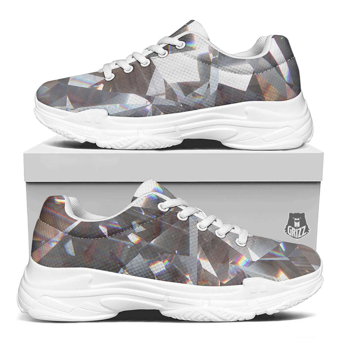Glitter Texture Diamond Print White Chunky Shoes-grizzshop