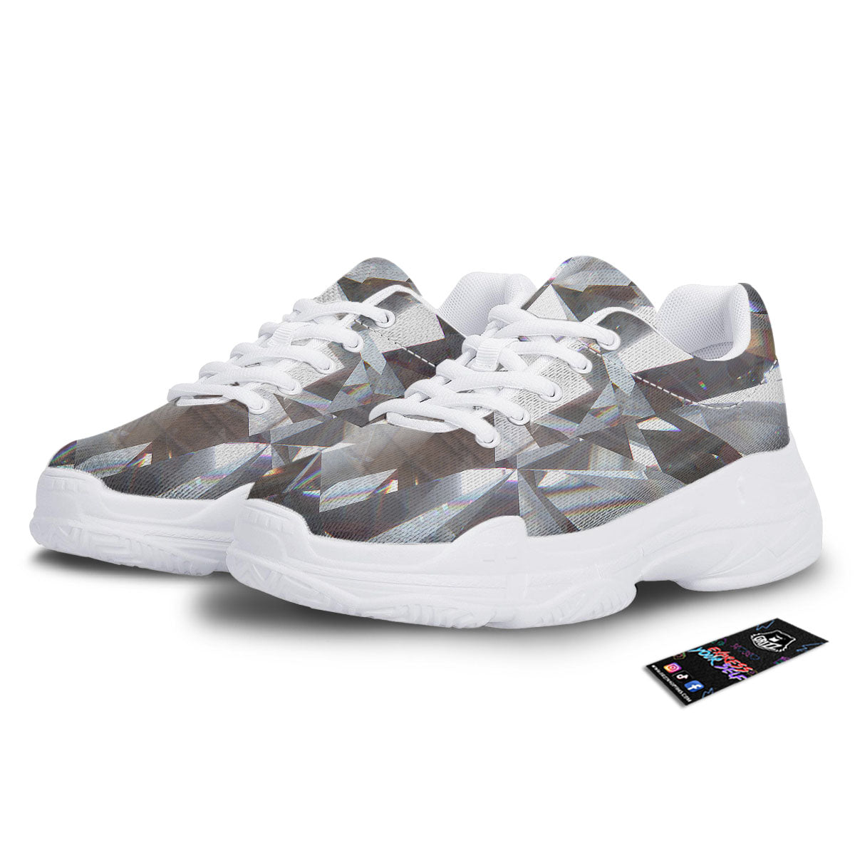 Glitter Texture Diamond Print White Chunky Shoes-grizzshop