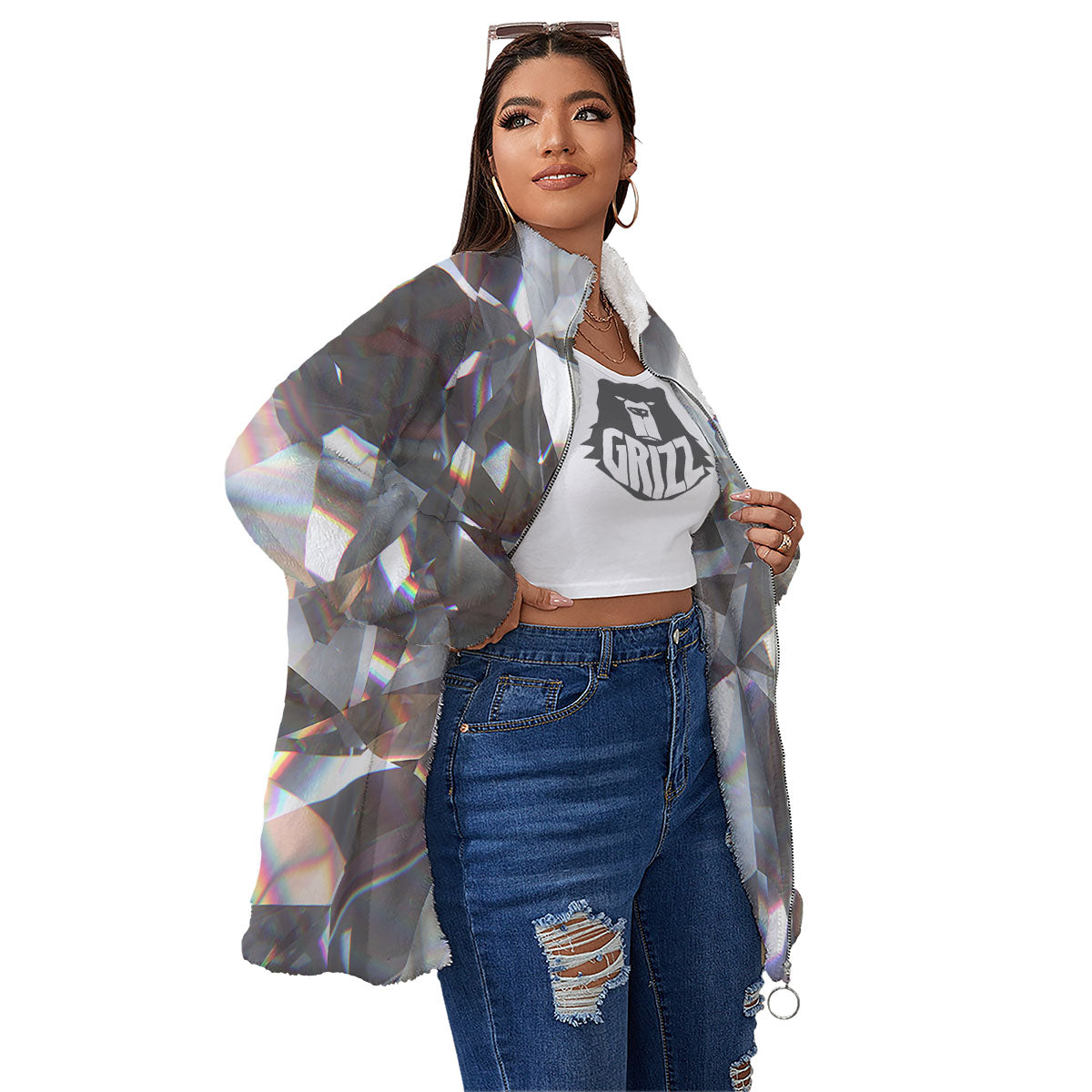Glitter Texture Diamond Print Women's Sherpa Jacket-grizzshop