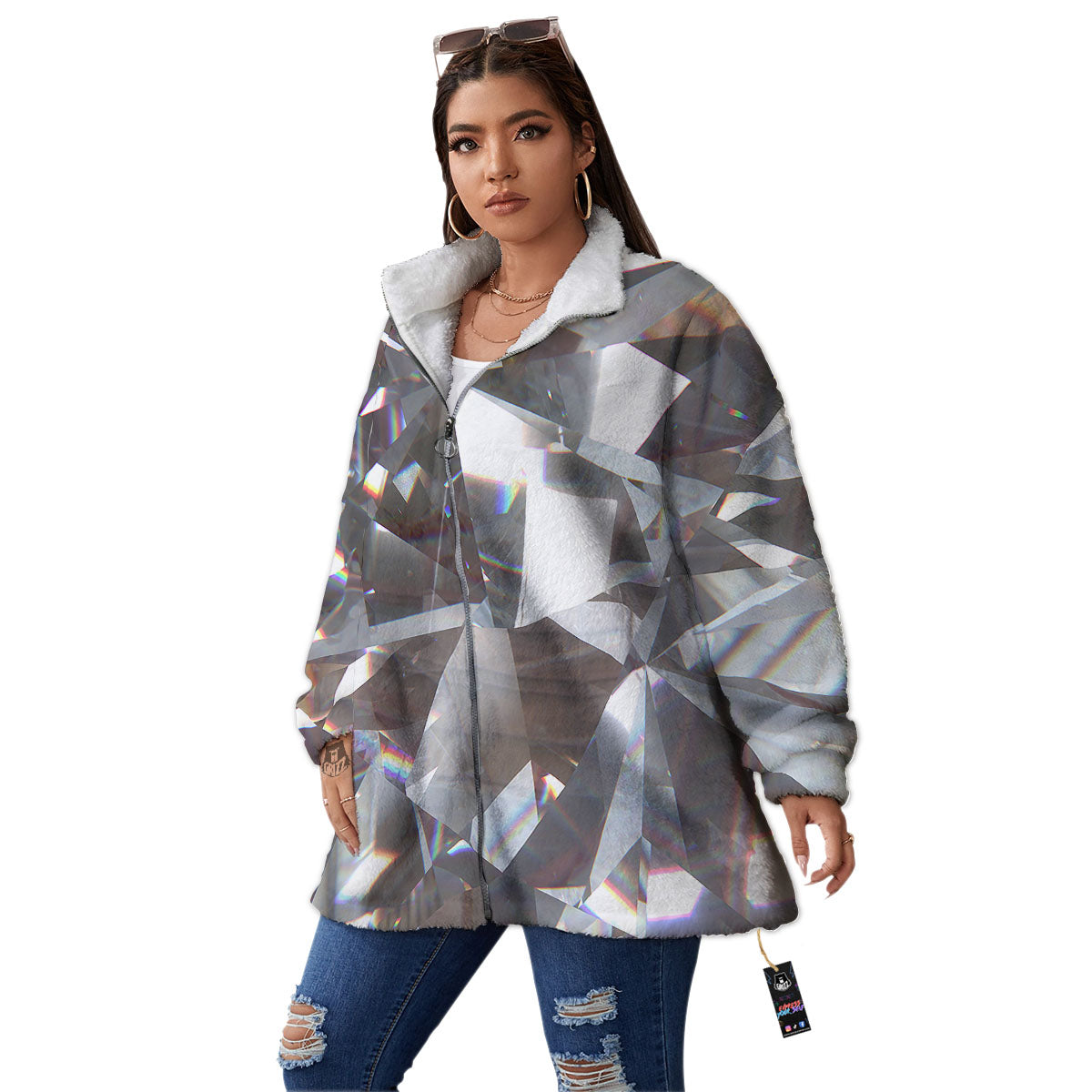Glitter Texture Diamond Print Women's Sherpa Jacket-grizzshop
