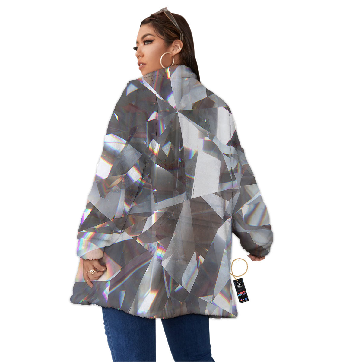Glitter Texture Diamond Print Women's Sherpa Jacket-grizzshop