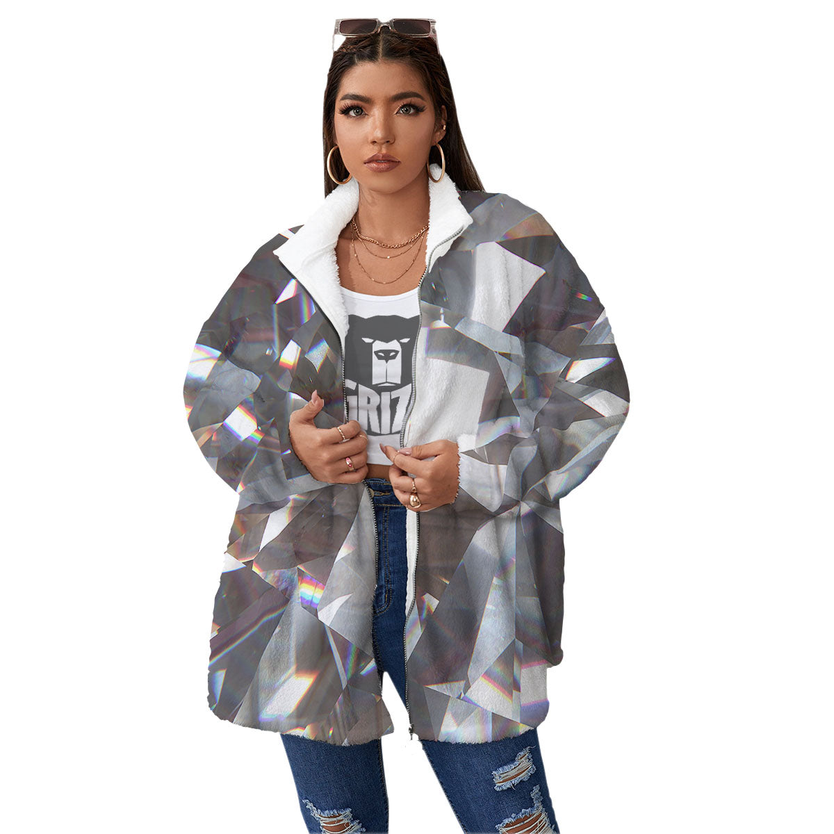 Glitter Texture Diamond Print Women's Sherpa Jacket-grizzshop
