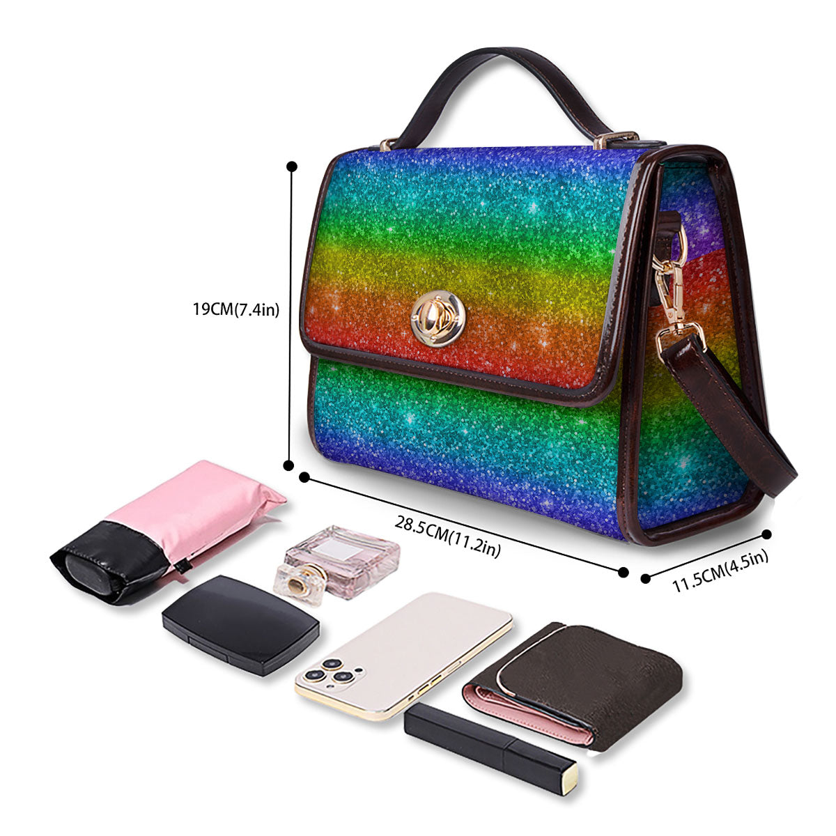 Glitter Rainbow Print Pattern Women's Satchel Bag