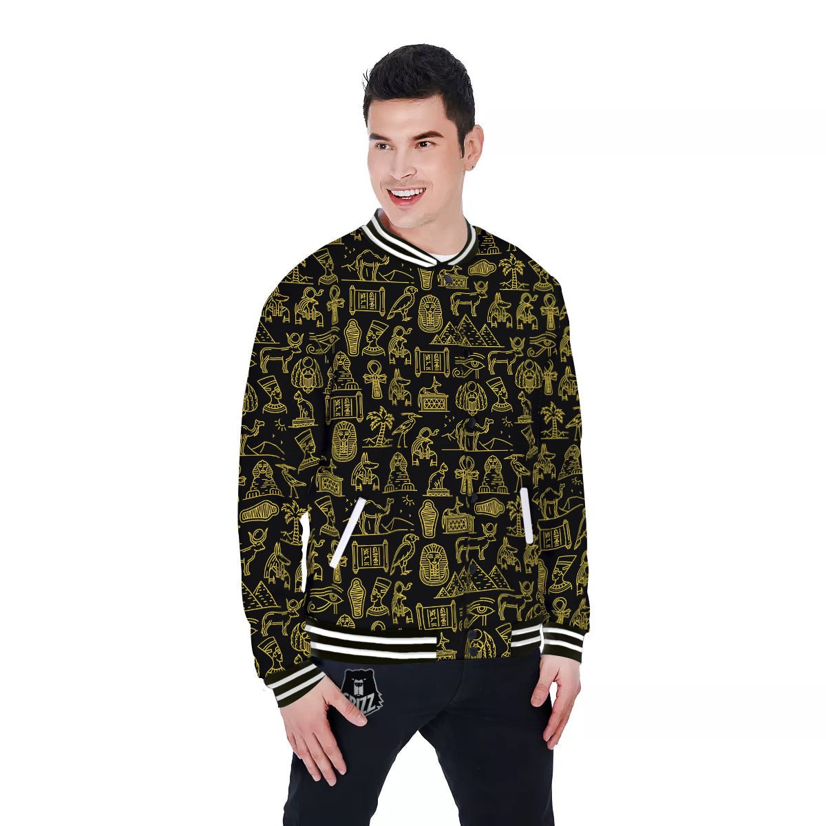 Glod Ancient Egyptian Print Pattern Baseball Jacket-grizzshop