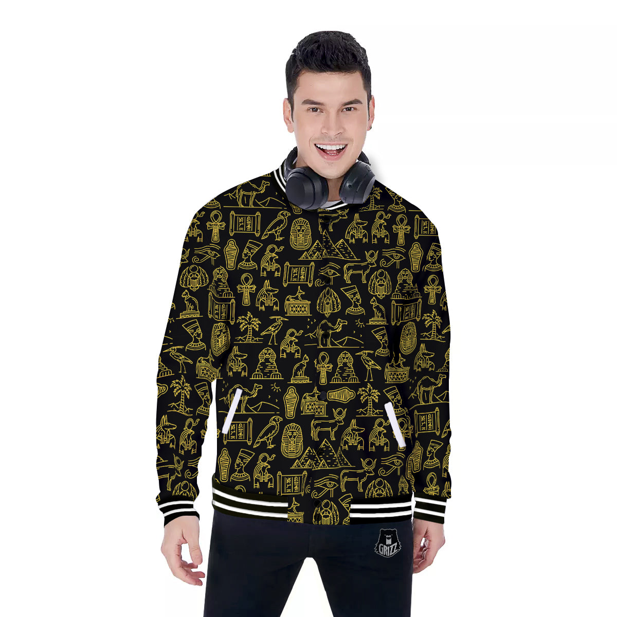 Glod Ancient Egyptian Print Pattern Baseball Jacket-grizzshop
