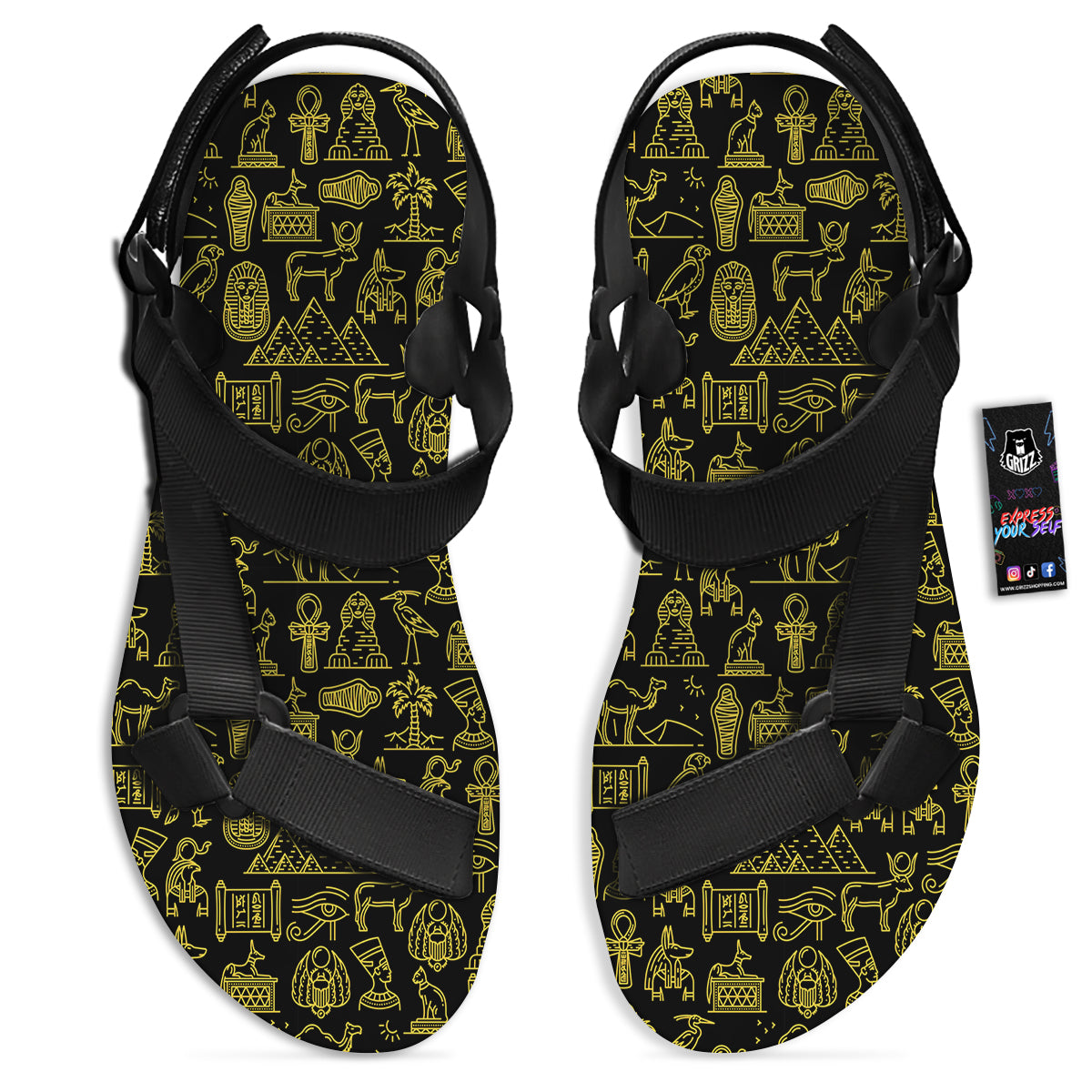 Glod Ancient Egyptian Print Pattern Black Open Toe Sandals-grizzshop