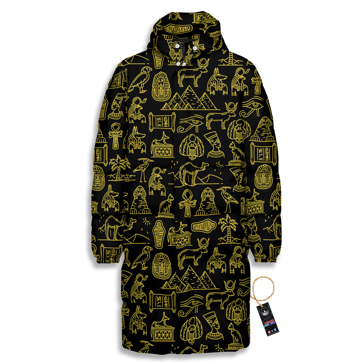 Glod Ancient Egyptian Print Pattern Long Down Jacket-grizzshop