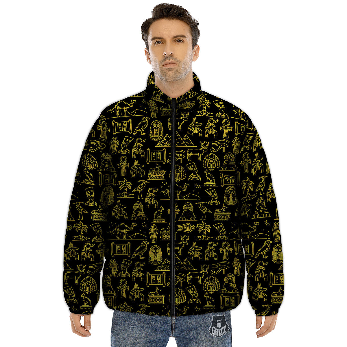 Glod Ancient Egyptian Print Pattern Puffer Jacket-grizzshop