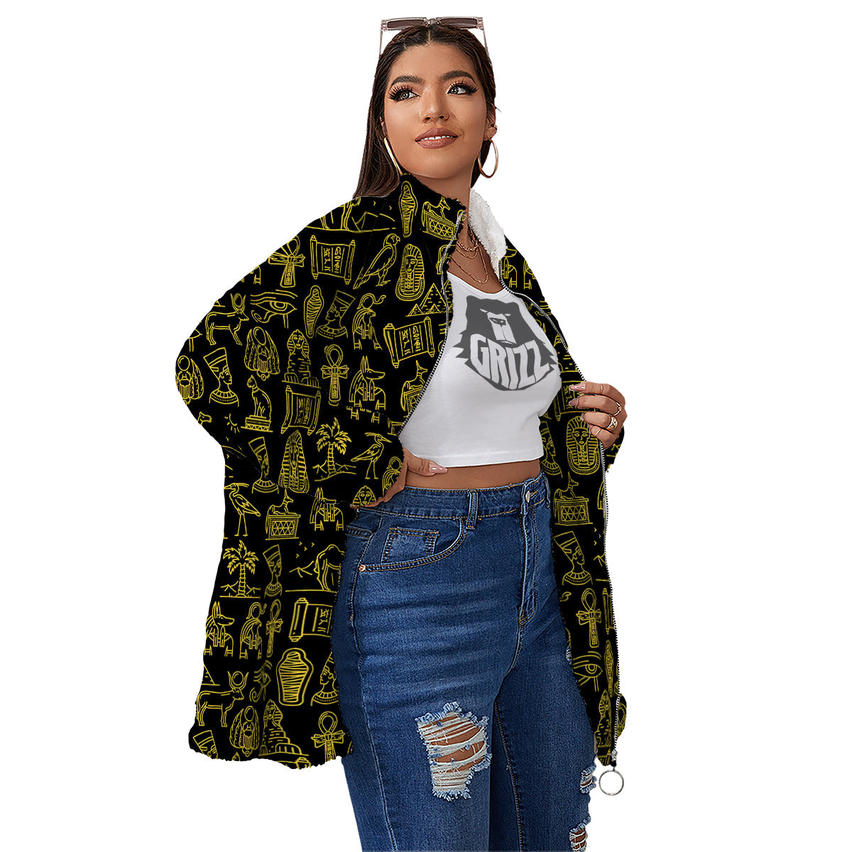 Glod Ancient Egyptian Print Pattern Women's Sherpa Jacket-grizzshop
