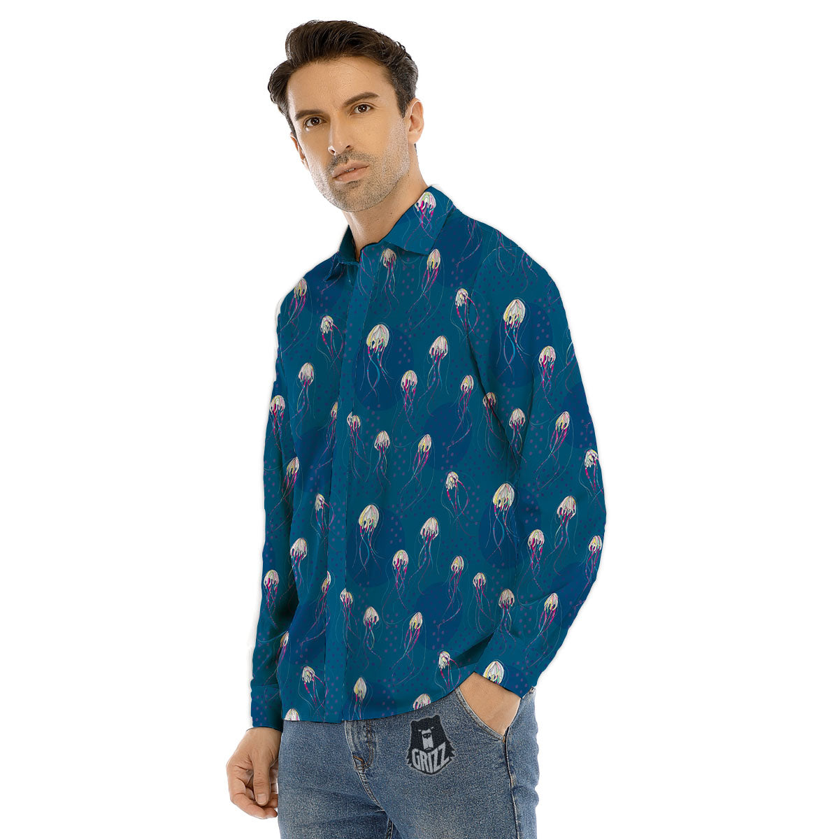 Glowing Jellyfish Print Pattern Men's Dress Shirts-grizzshop
