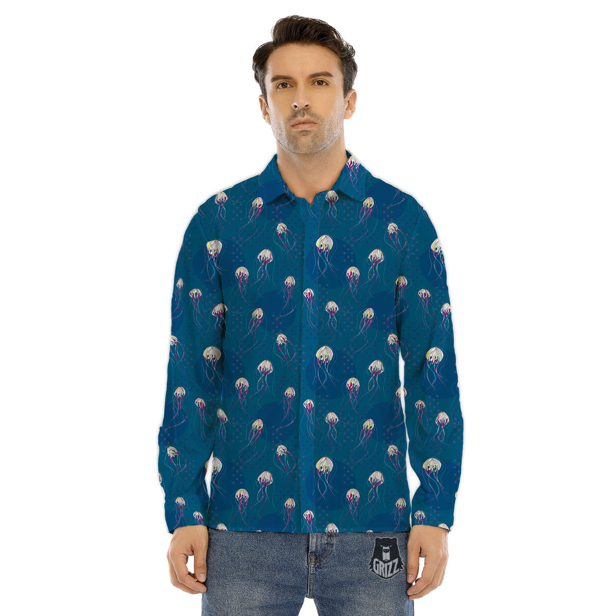 Glowing Jellyfish Print Pattern Men's Dress Shirts-grizzshop