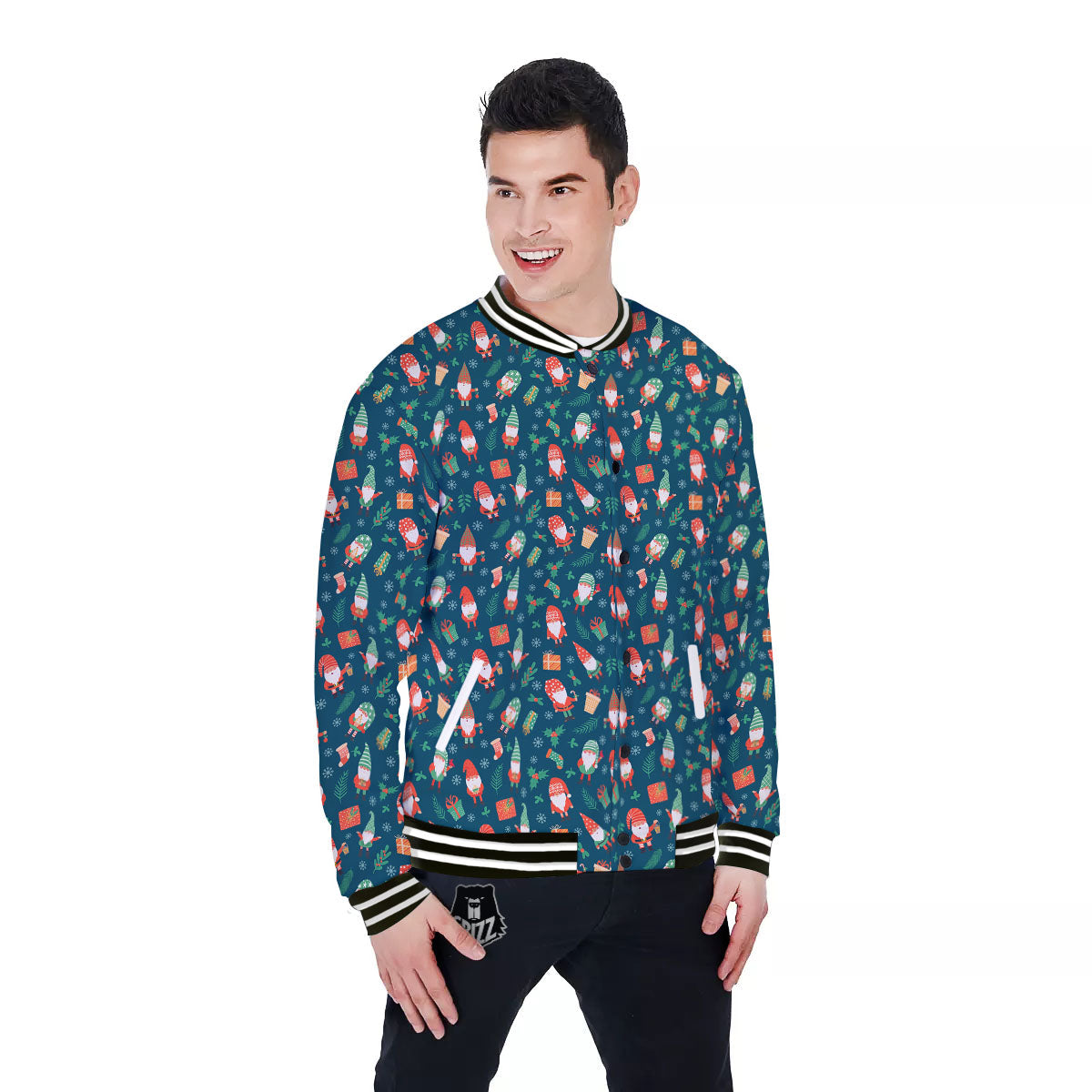 Gnomes Christmas Print Pattern Baseball Jacket-grizzshop