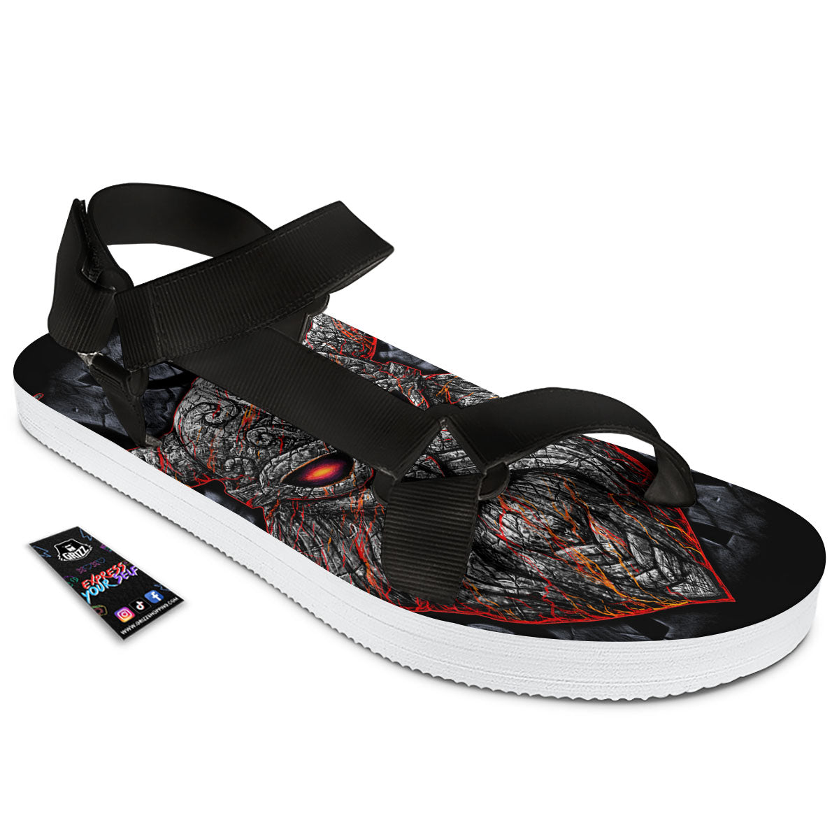 God Odin Ancient Viking Norse Print Black Open Toe Sandals-grizzshop