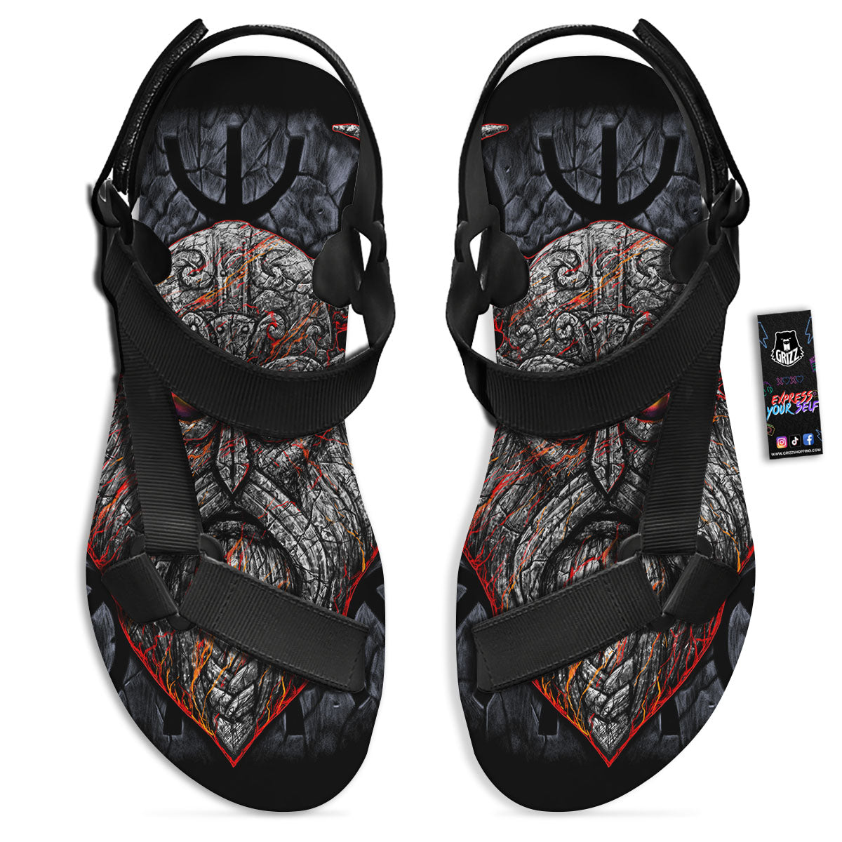 God Odin Ancient Viking Norse Print Black Open Toe Sandals-grizzshop