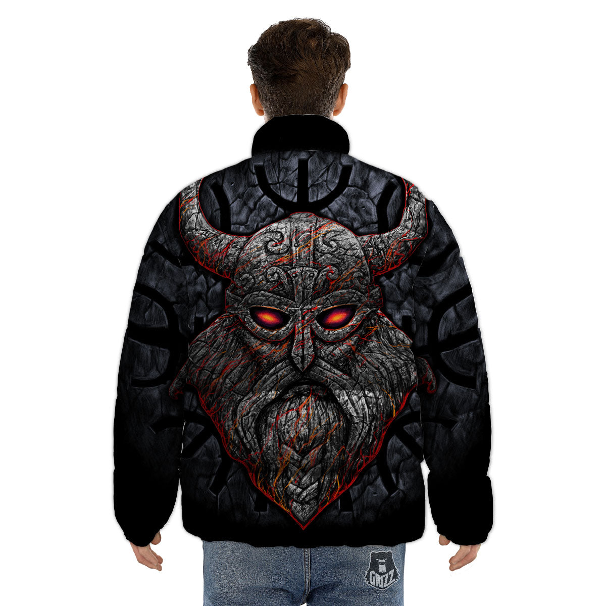 God Odin Ancient Viking Norse Print Puffer Jacket-grizzshop