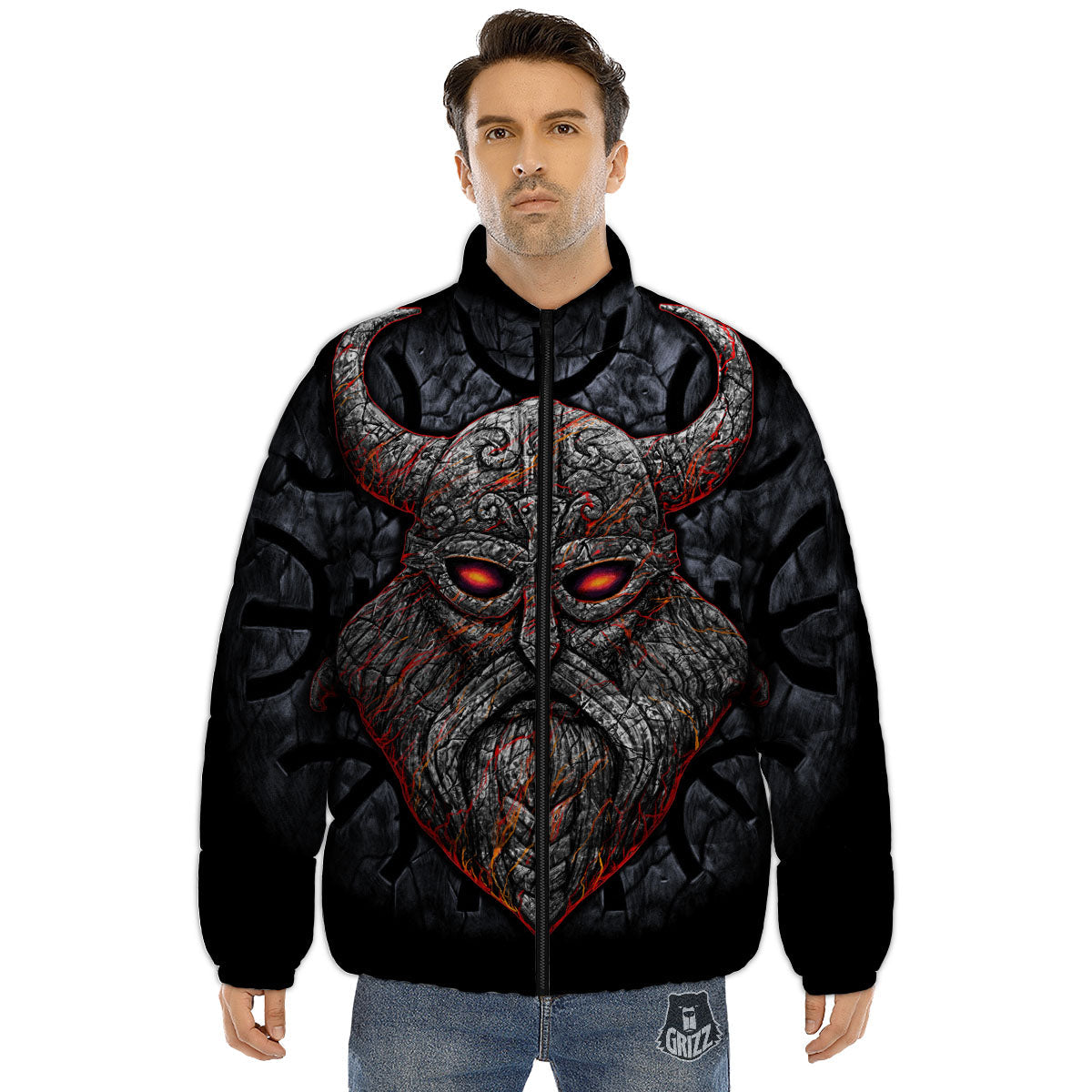 God Odin Ancient Viking Norse Print Puffer Jacket-grizzshop