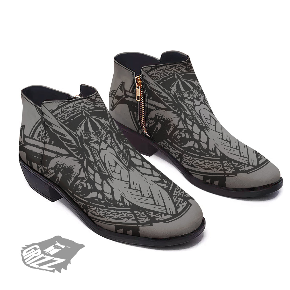 God Odin Grey Color Print Ankle Boots-grizzshop