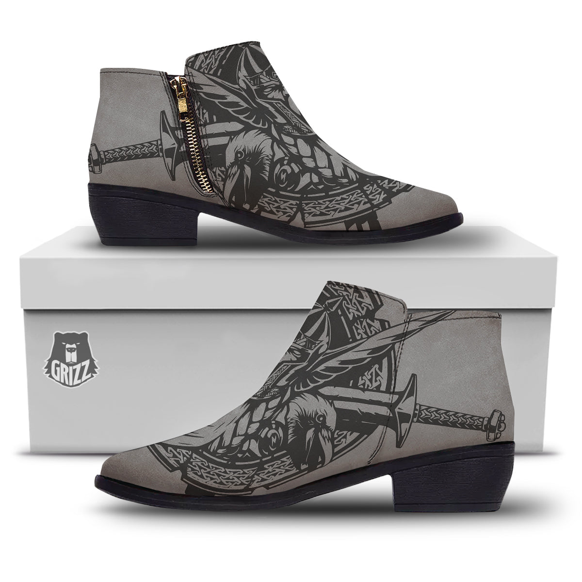 God Odin Grey Color Print Ankle Boots-grizzshop