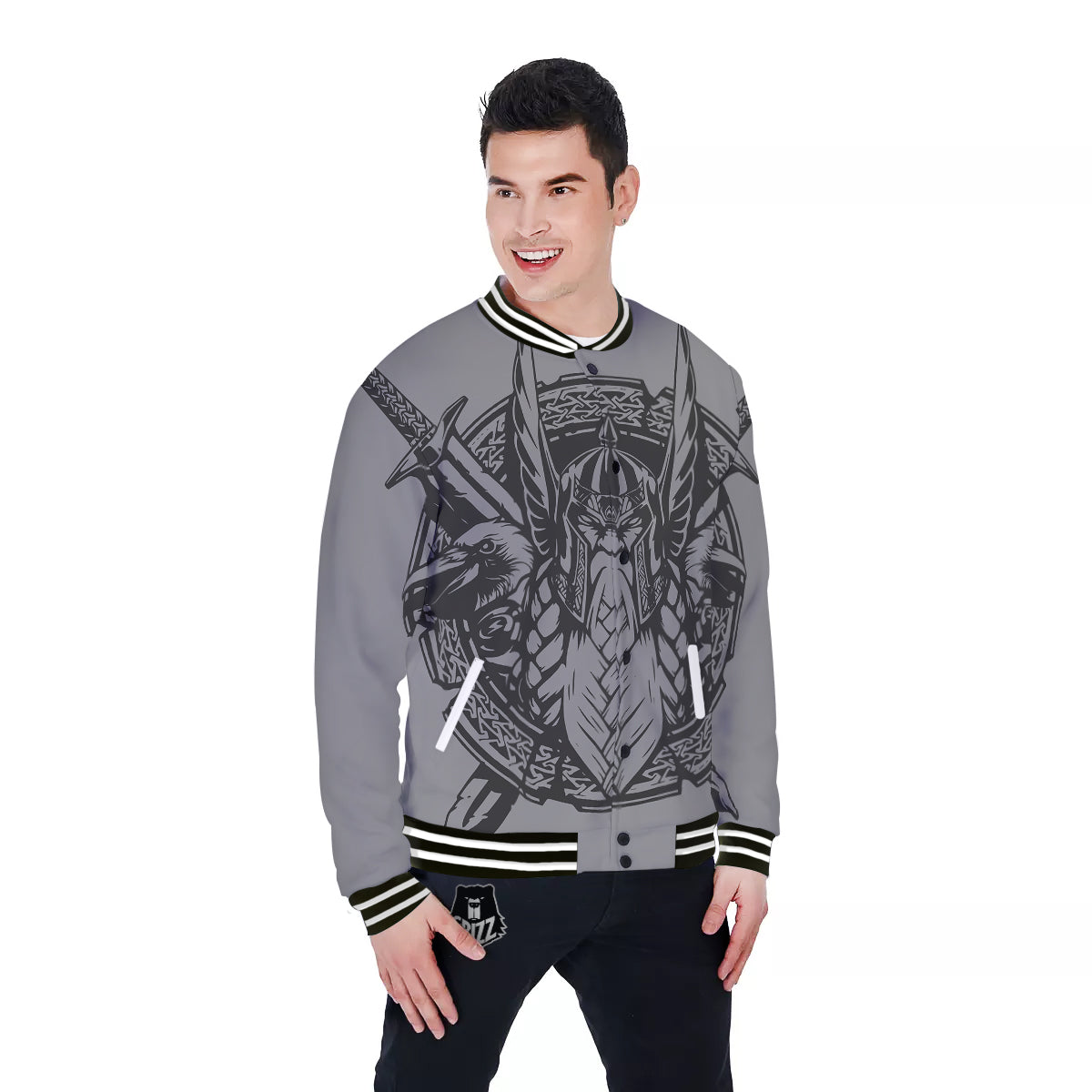 God Odin Grey Color Print Baseball Jacket-grizzshop