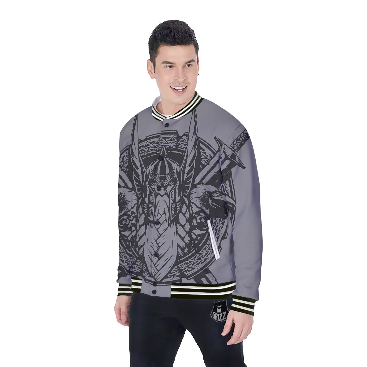 God Odin Grey Color Print Baseball Jacket-grizzshop