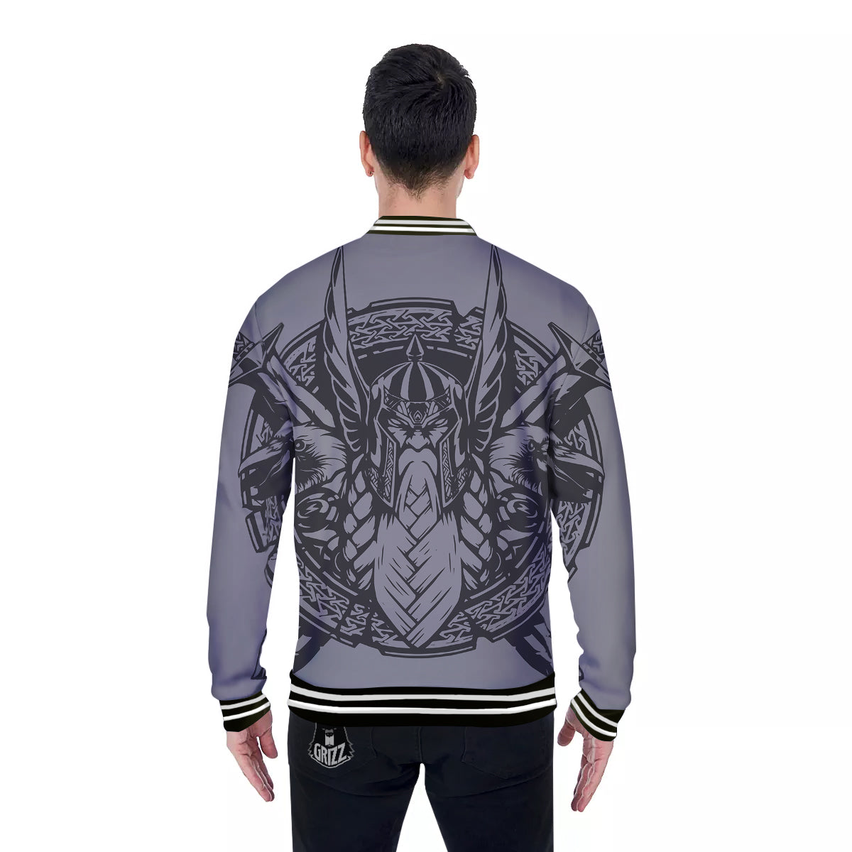 God Odin Grey Color Print Baseball Jacket-grizzshop
