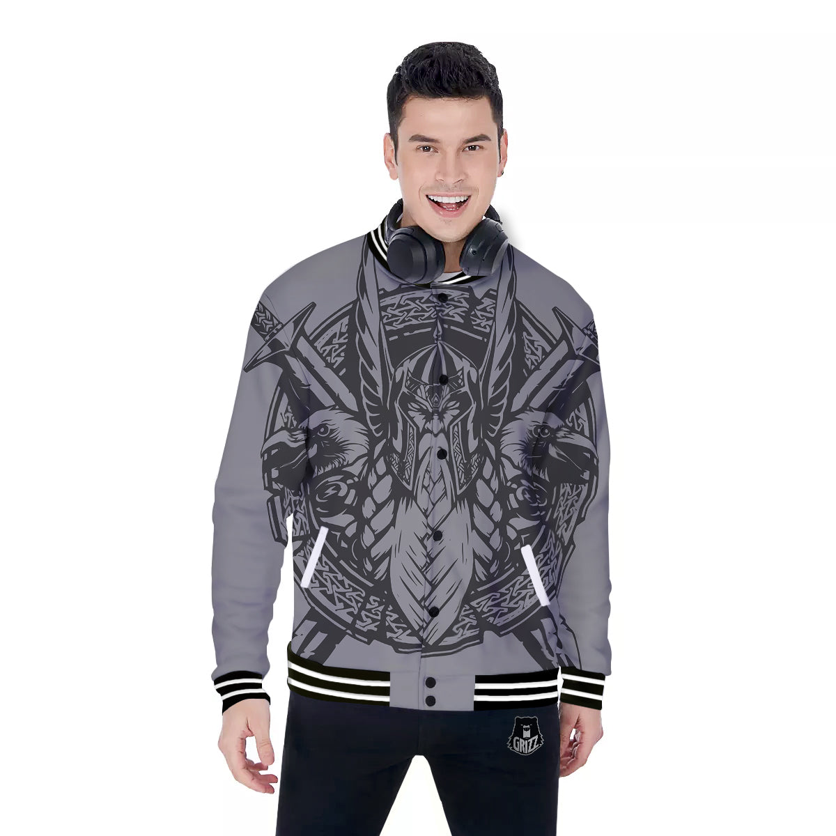 God Odin Grey Color Print Baseball Jacket-grizzshop