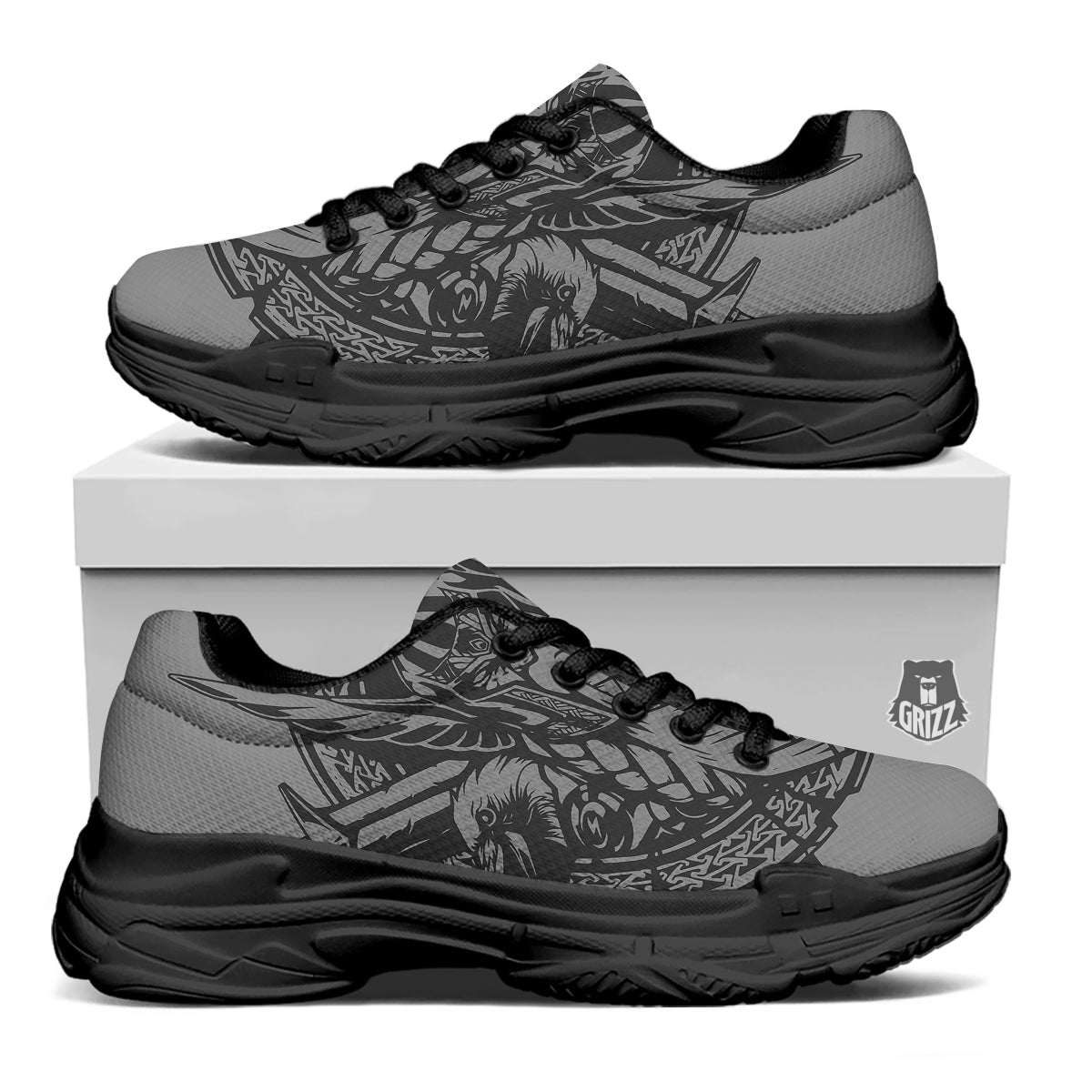 God Odin Grey Color Print Black Chunky Shoes-grizzshop