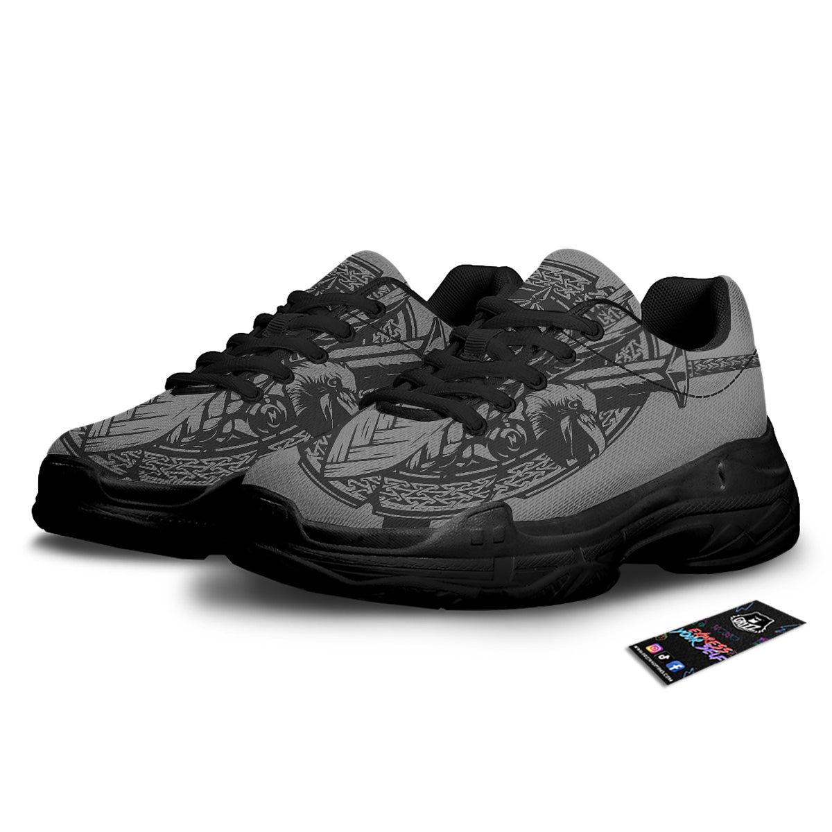God Odin Grey Color Print Black Chunky Shoes-grizzshop